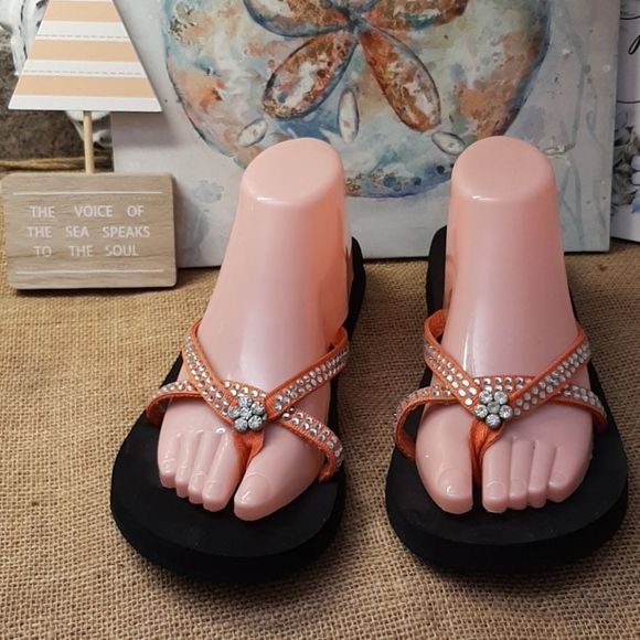 Corky's 8 Orange Embellished Flip Flops - Picture 1 of 5